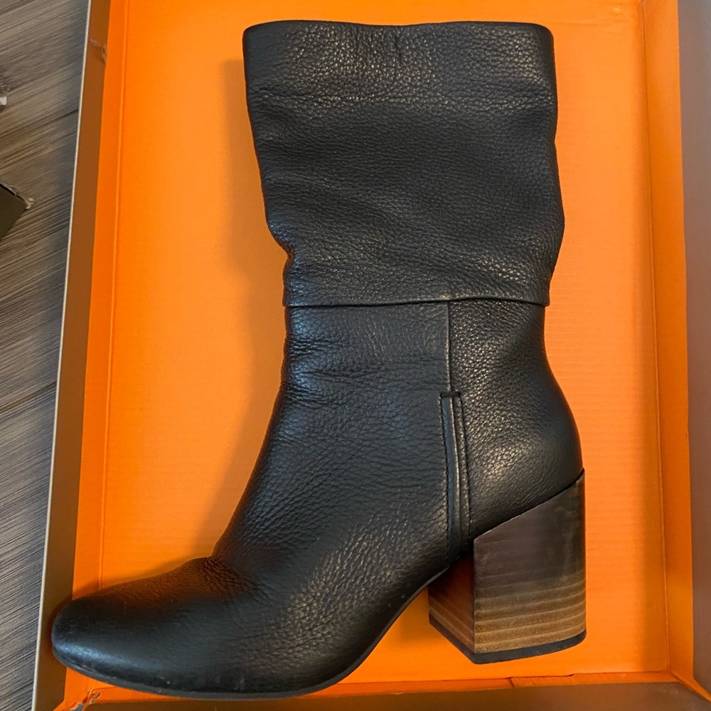 Black faux leather mid calf heeled boots with ombré brown heel, worn once!